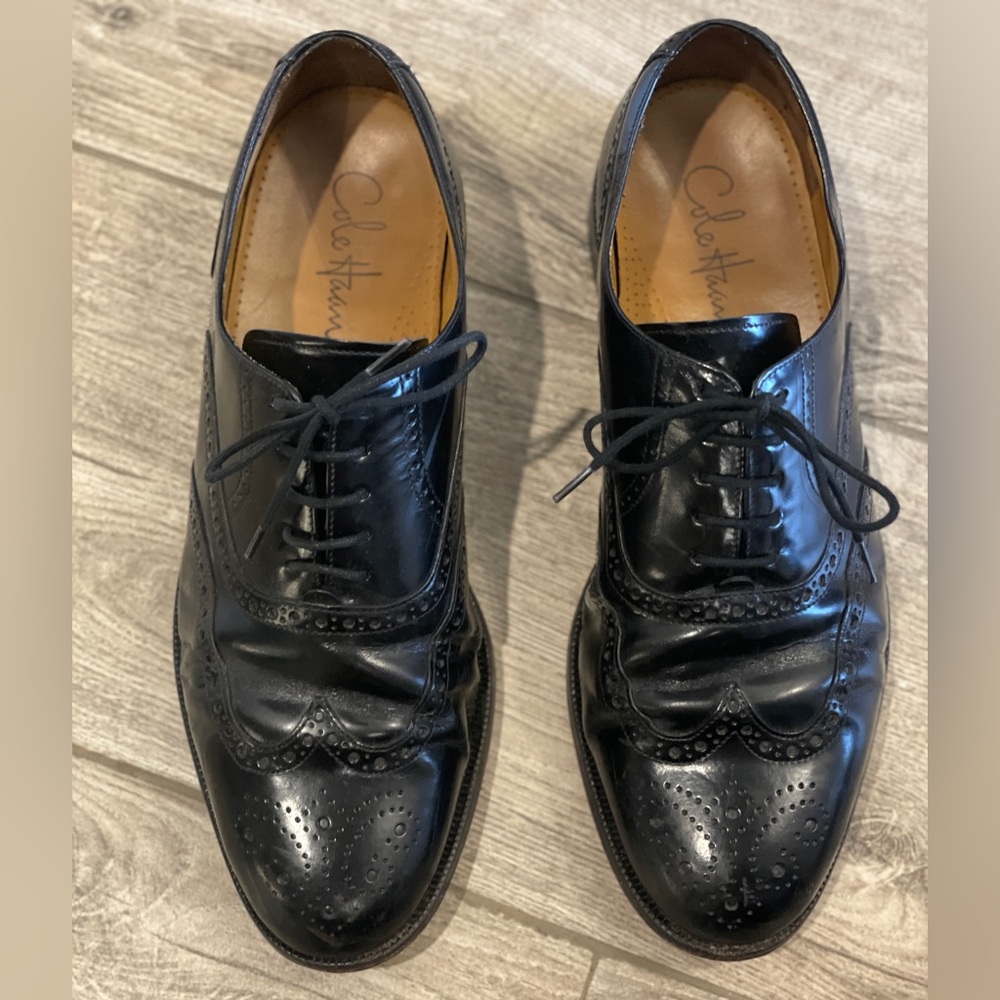 Cole Haan Grand OS Mens 10 Black Leather Lace Wingtip Brogue Dress Shoes